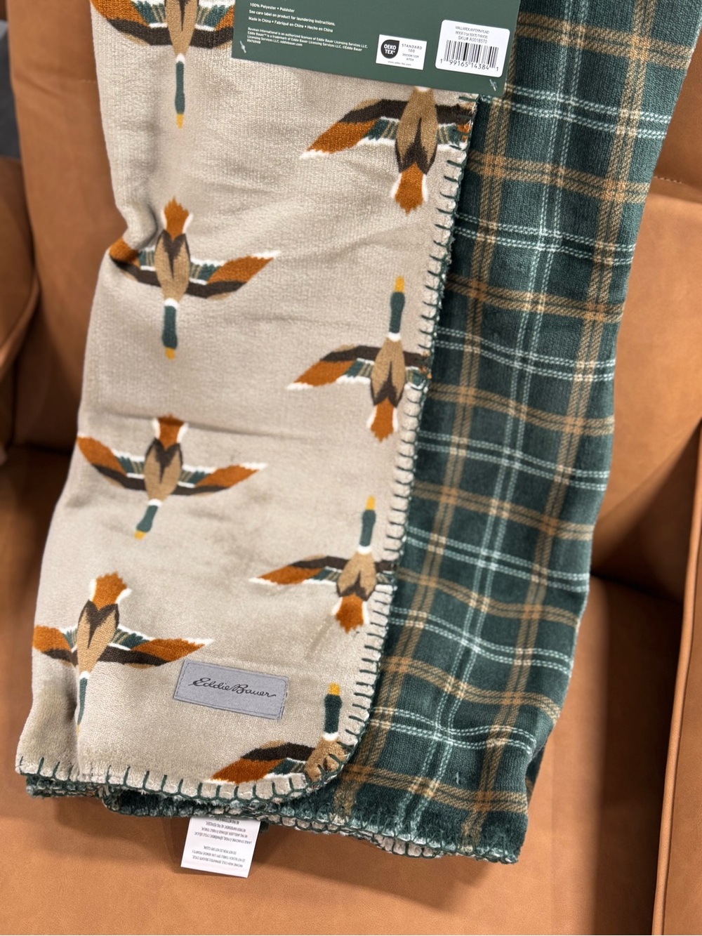 Eddie Bauer Green Plaid and Beige Duck-Print Throw Blanket